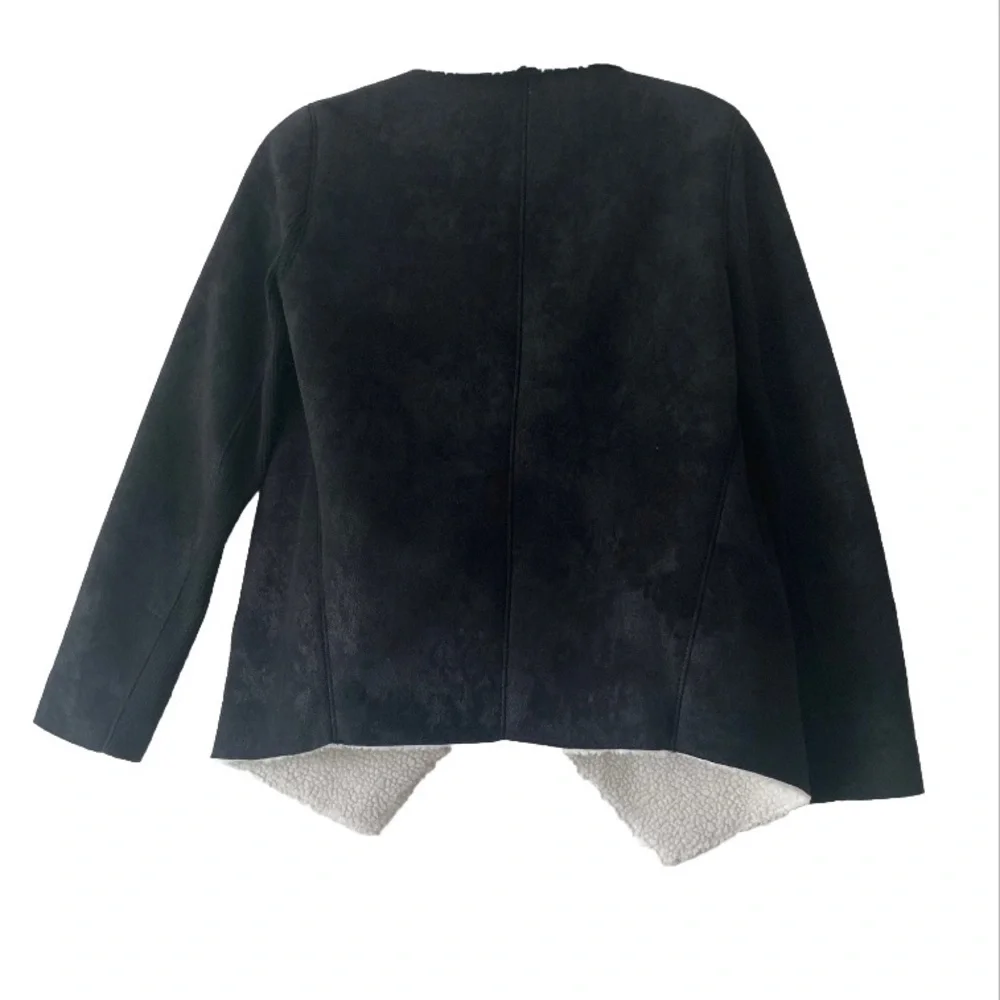 The Kooples Sport Black Suede Sherpa Lined Open Front Jacket Women Sz S Outdoor
